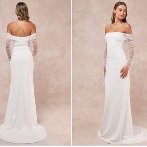 Lulu's Strapless White Gown with Sheer Sleeves
